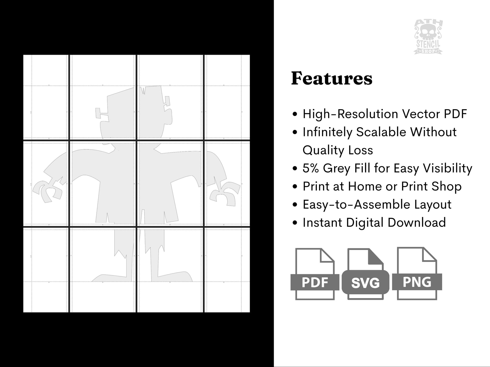 Printable Frankenstein Monster yard stencil template with high-resolution PDF, SVG, PNG files, and instant digital download features.