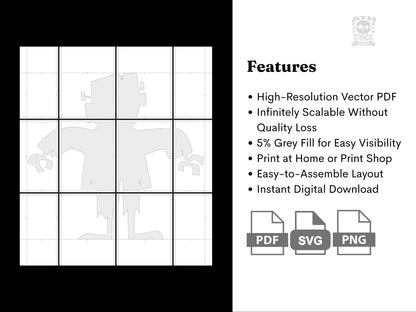 Printable Frankenstein Monster yard stencil template with high-resolution PDF, SVG, PNG files, and instant digital download features.