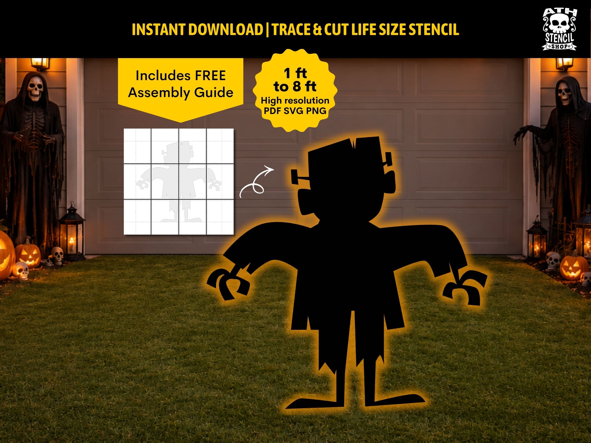Frankenstein Monster silhouette yard decoration displayed on a Halloween lawn with printable life-size stencil template and assembly guide.