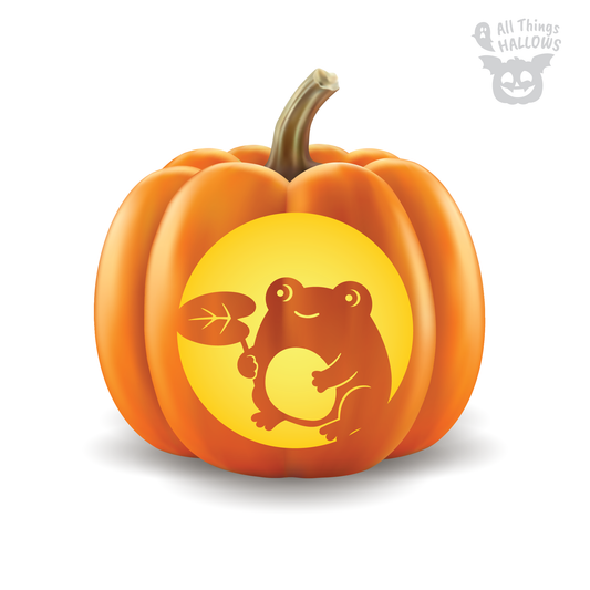 Frog with a Leaf Pumpkin Stencil carving preview showing a cute smiling frog holding a large leaf on a glowing orange pumpkin.