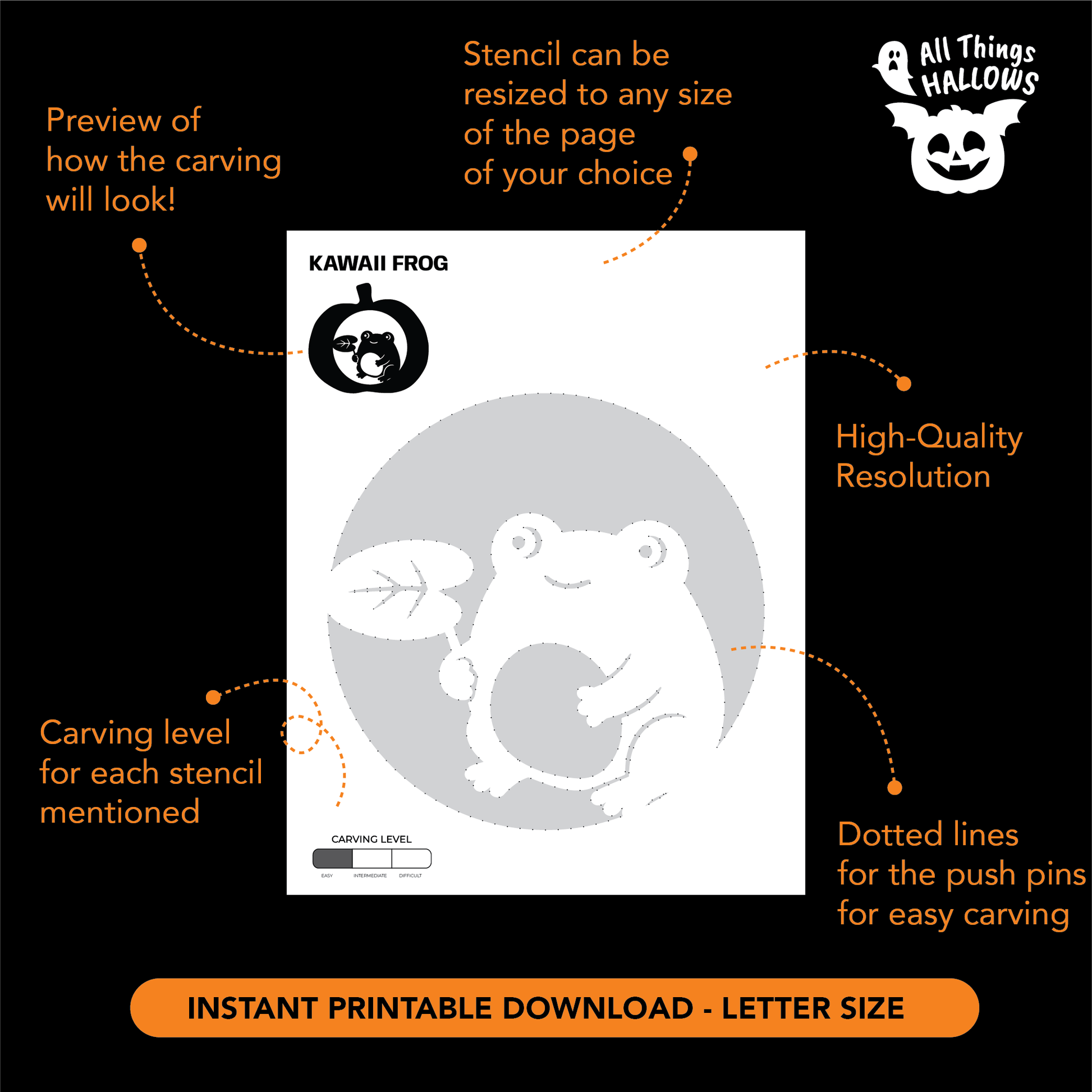 Printable Frog with a Leaf Pumpkin Stencil template with a kawaii frog holding a leaf, transfer guidelines and carving difficulty information.