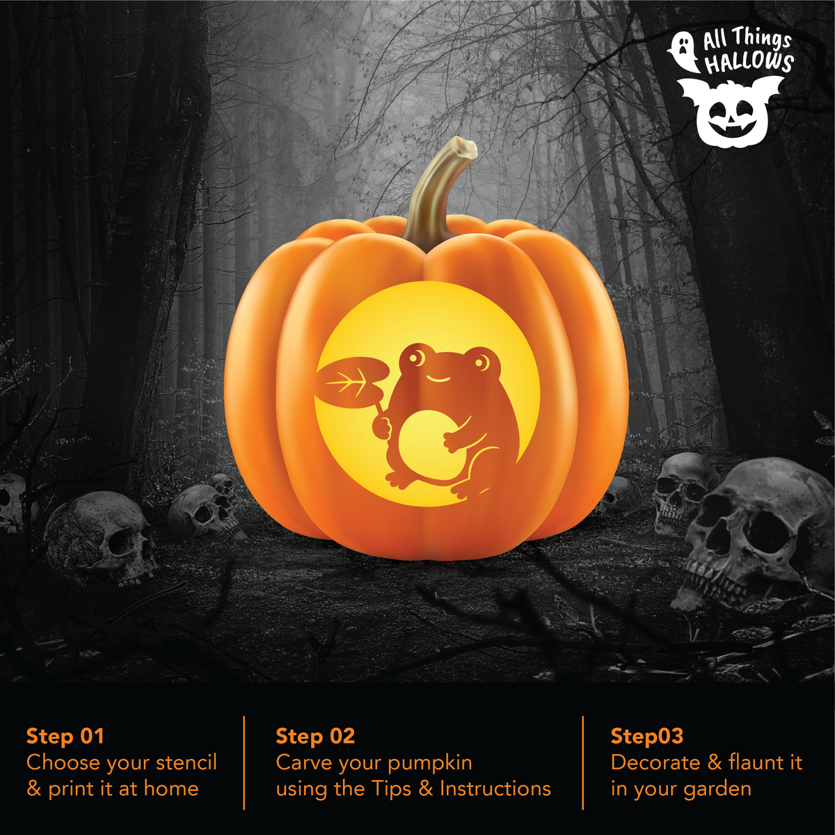 Frog with a Leaf Pumpkin Stencil carved into a glowing orange pumpkin displayed in a spooky Halloween forest with skull decorations.