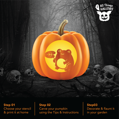 Frog with a Leaf Pumpkin Stencil carved into a glowing orange pumpkin displayed in a spooky Halloween forest with skull decorations.