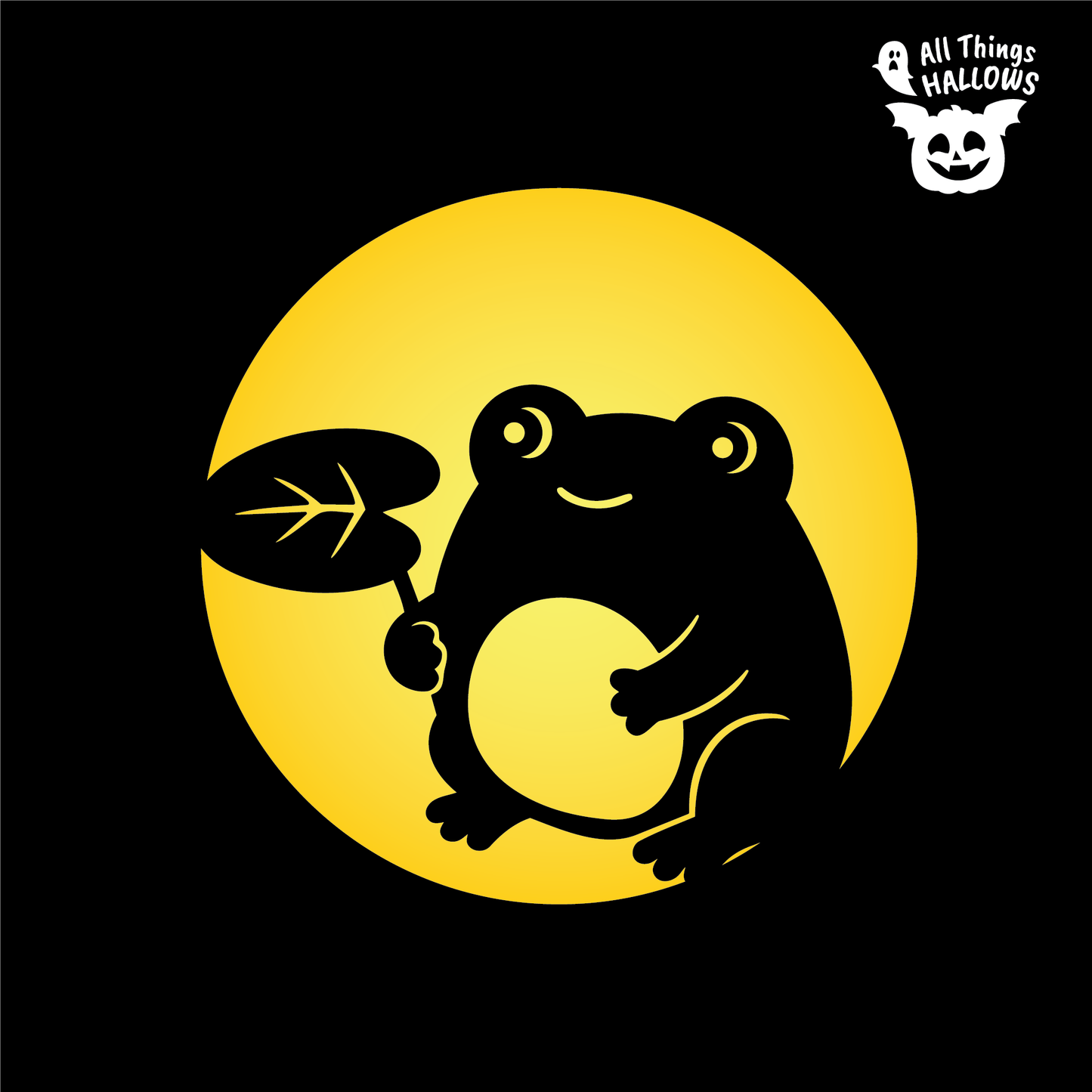 Frog with a Leaf Pumpkin Stencil design featuring a cute round frog with big eyes, smiling face, large belly and leaf against a circular background.
