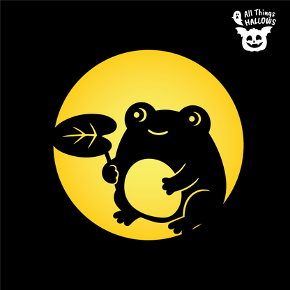 Frog with a Leaf Pumpkin Stencil design featuring a cute round frog with big eyes, smiling face, large belly and leaf against a circular background.