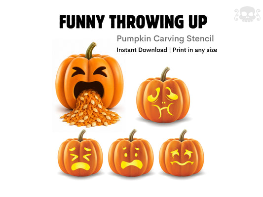 Funny Throwing Up Pumpkin Stencil Pack featuring five printable vomiting pumpkin face designs for easy Halloween carving.