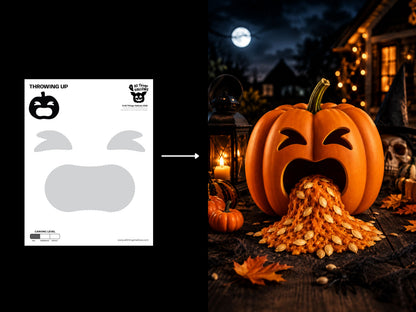Printable Funny Throwing Up Pumpkin Stencil template with dotted transfer lines, carving difficulty, and high resolution PDF design.