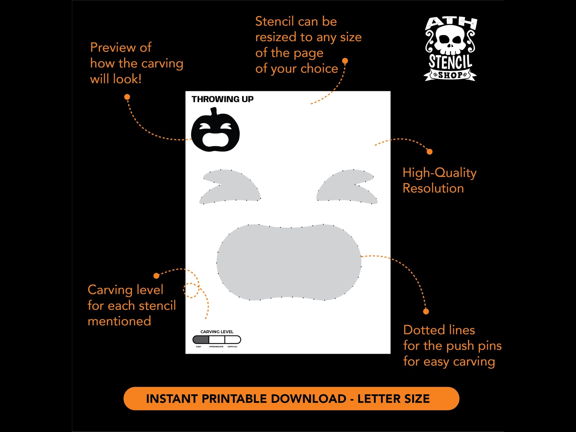 Before and after example showing a Funny Throwing Up Pumpkin Stencil transformed into a carved jack-o'-lantern with realistic pumpkin guts spilling from its mouth.