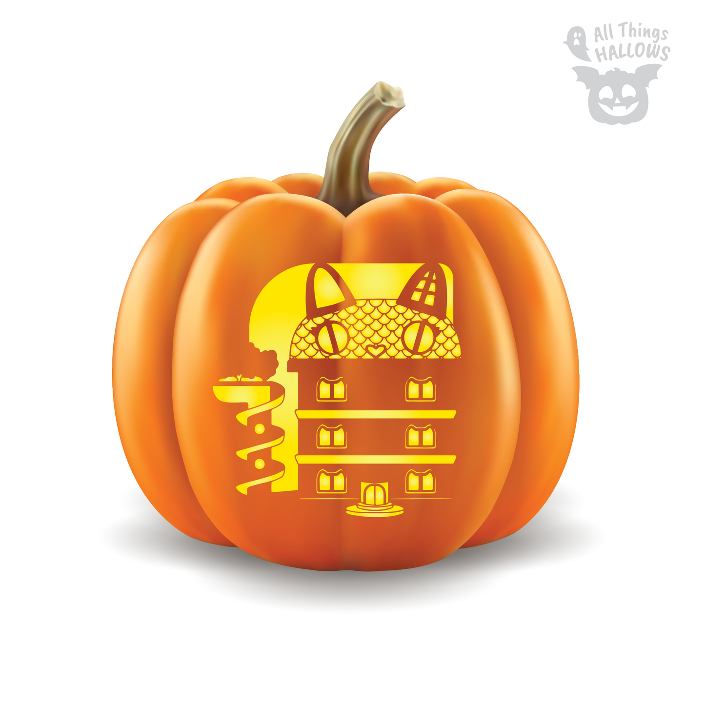 Gabby's Dollhouse pumpkin stencil featuring the iconic dollhouse, printable Halloween pumpkin carving template.