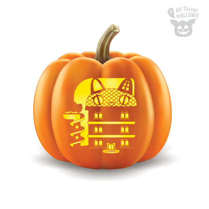 Gabby's Dollhouse pumpkin stencil featuring the iconic dollhouse, printable Halloween pumpkin carving template.