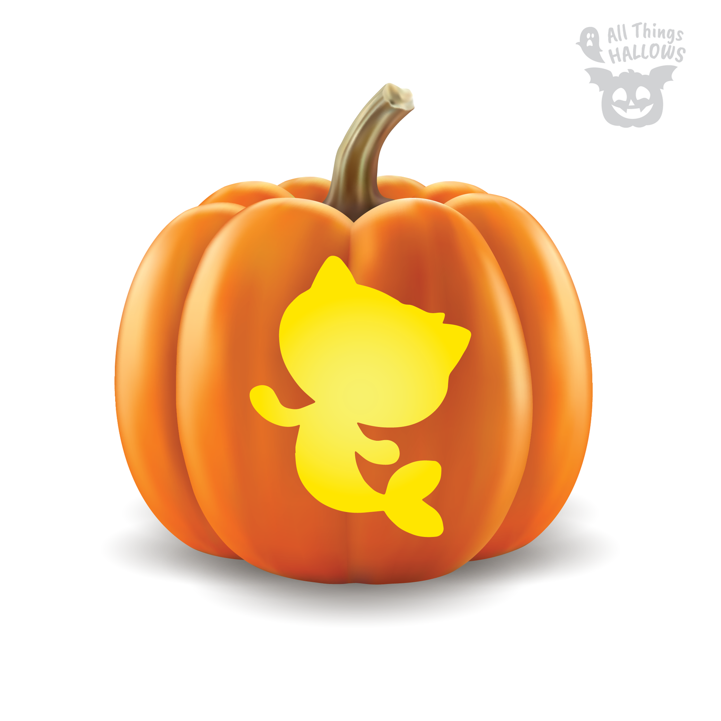 MerCat pumpkin stencil carved on a pumpkin, printable Gabby's Dollhouse MerCat Halloween carving pattern.