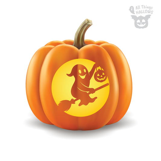Ghost on a Broomstick Pumpkin Stencil preview showing a smiling ghost flying on a broomstick with a jack-o'-lantern against a glowing moon.