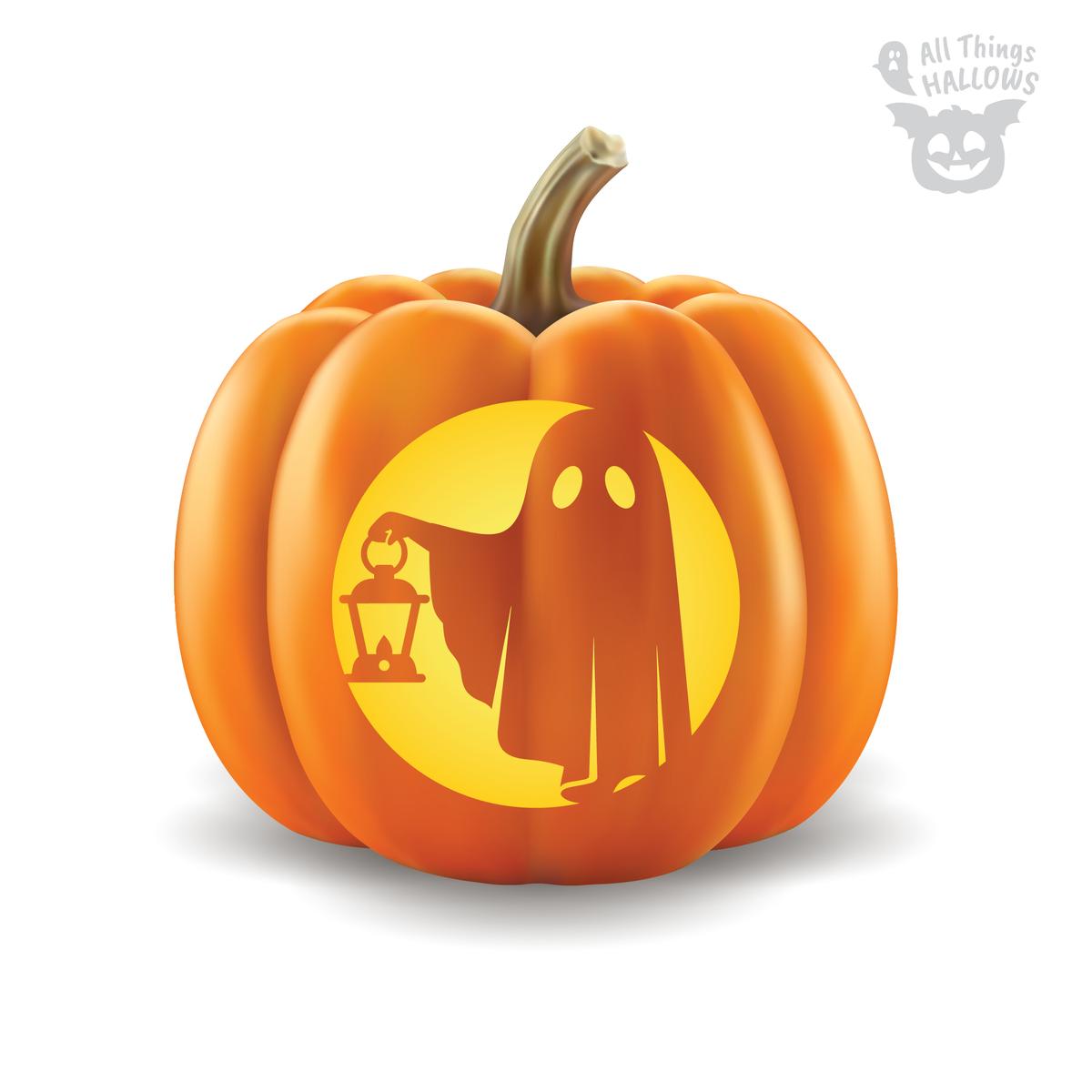 Ghost Lantern Pumpkin Stencil carving preview showing a cloaked ghost holding a lantern in front of a glowing moon on an orange pumpkin.