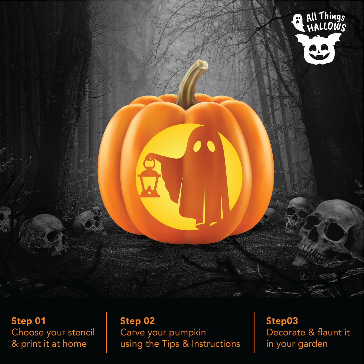 Ghost Lantern Pumpkin Stencil carved pumpkin preview displayed in a dark spooky forest with skulls and Halloween decorations.