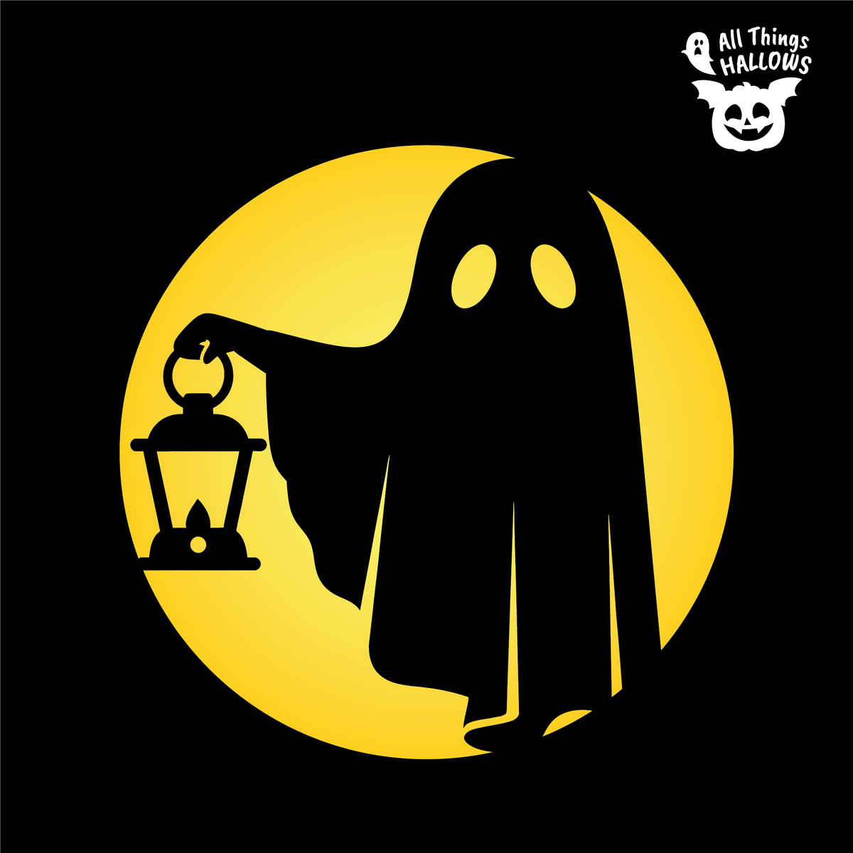 Ghost Lantern Pumpkin Stencil design featuring a cloaked ghost with glowing eyes holding a lantern against a circular moon background.