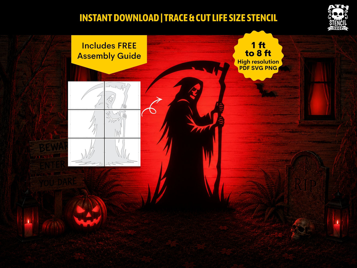 Finished Grim Reaper Yard Stencil installed as a large Halloween yard decoration in a spooky outdoor scene with red lighting and haunted house props.