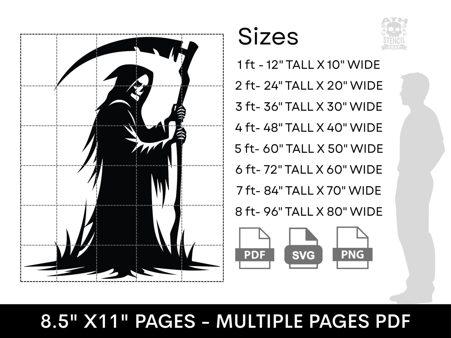 Grim Reaper Yard Stencil size chart showing printable dimensions from 1 foot to 8 feet tall with PDF, SVG, and PNG formats.