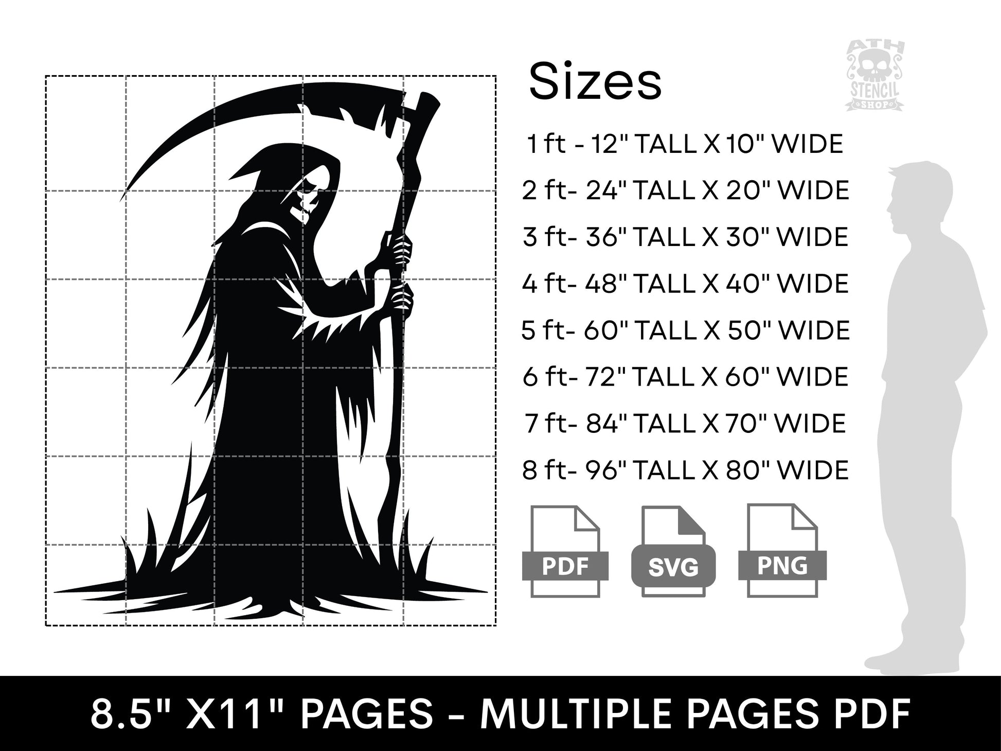 Grim Reaper Yard Stencil size chart showing printable dimensions from 1 foot to 8 feet tall with PDF, SVG, and PNG formats.