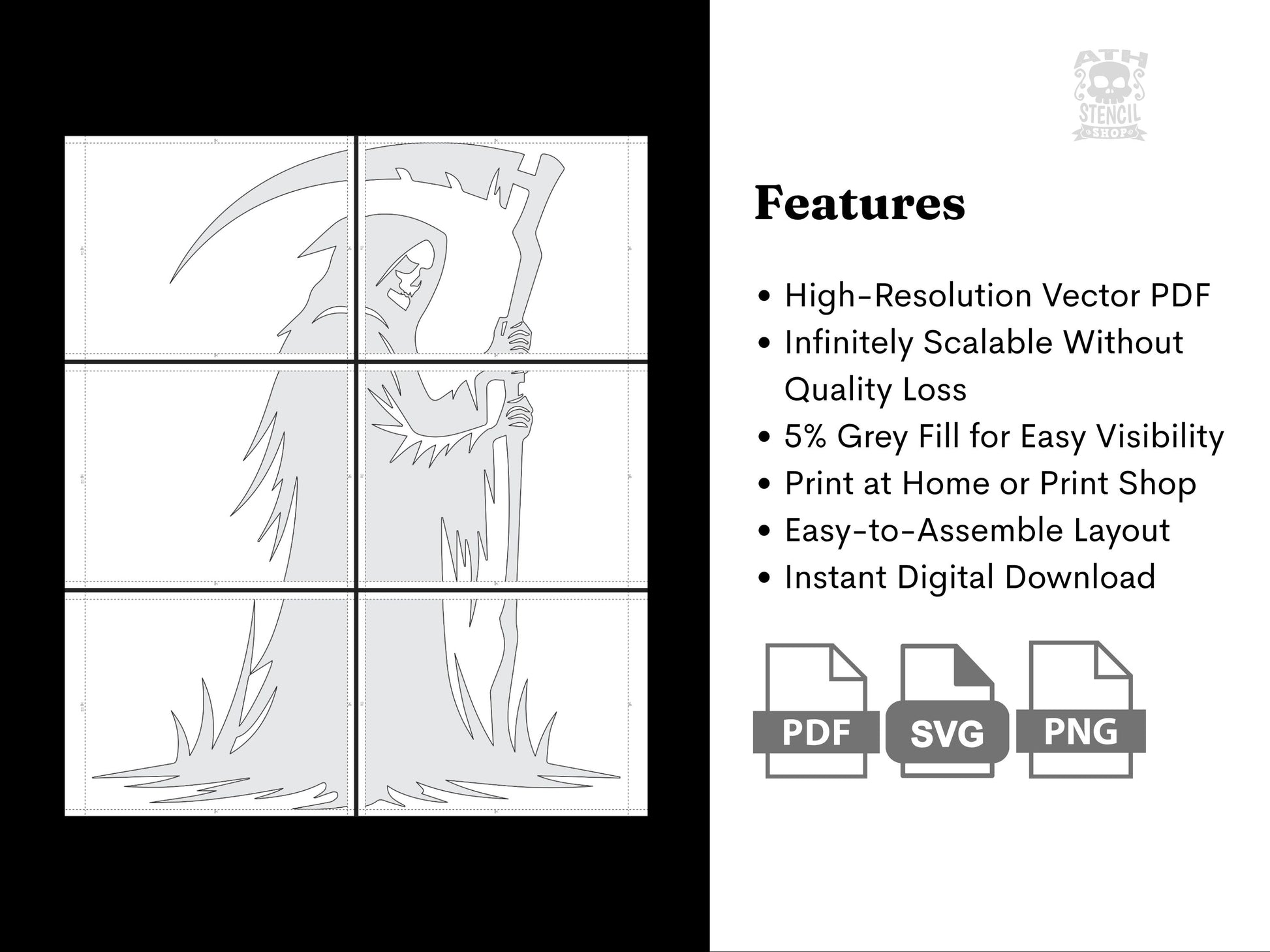 Features of the Grim Reaper Yard Stencil including high resolution vector PDF, SVG, PNG files, scalable design, and easy to assemble layout.