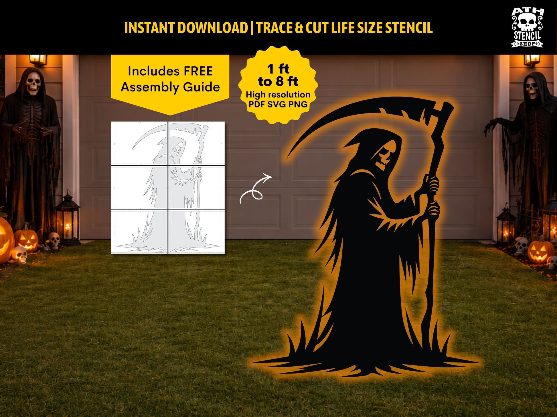 Grim Reaper Yard Stencil displayed as a large life size Halloween yard decoration with printable template and free assembly guide.