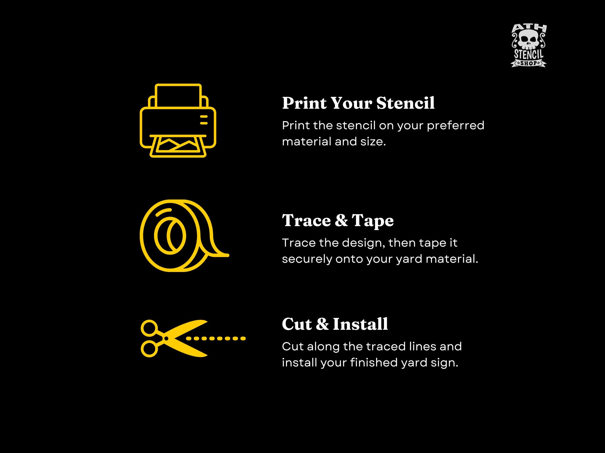 Grim Reaper Yard Stencil instructions showing how to print, trace, tape, cut, and install the life size Halloween yard decoration.