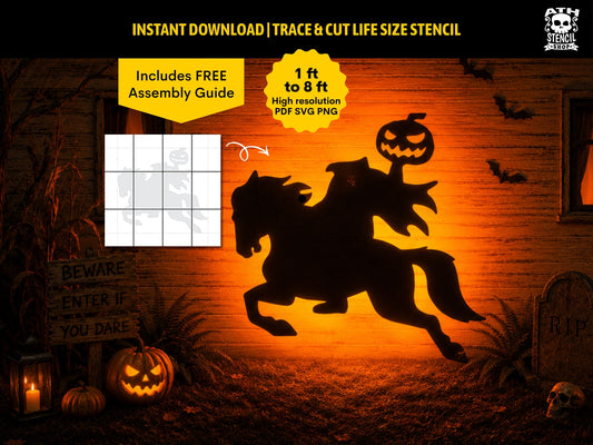Headless Horseman Halloween yard stencil displayed as a life-size outdoor silhouette with printable template and instant digital download.