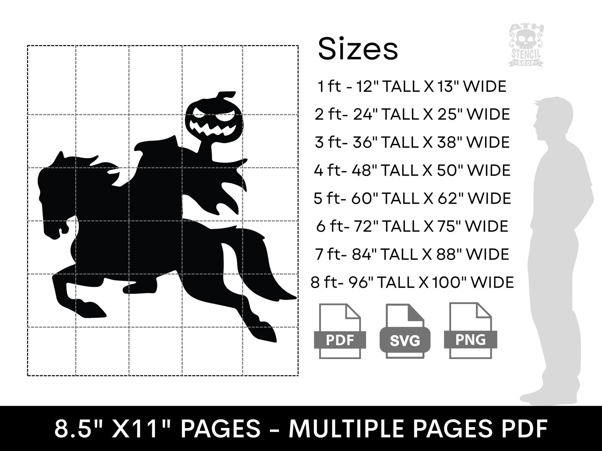 Headless Horseman yard stencil size chart showing printable dimensions from 1 foot to 8 feet with PDF, SVG, and PNG files.