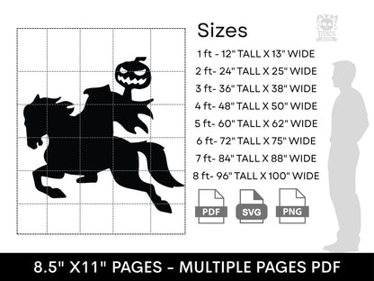 Headless Horseman yard stencil size chart showing printable dimensions from 1 foot to 8 feet with PDF, SVG, and PNG files.