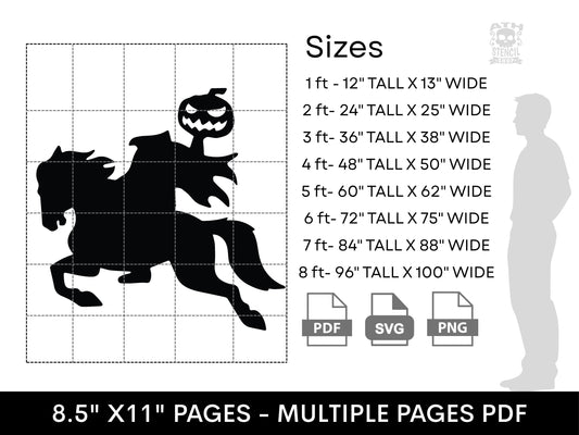 Headless Horseman yard stencil size chart showing printable dimensions from 1 foot to 8 feet with PDF, SVG, and PNG files.