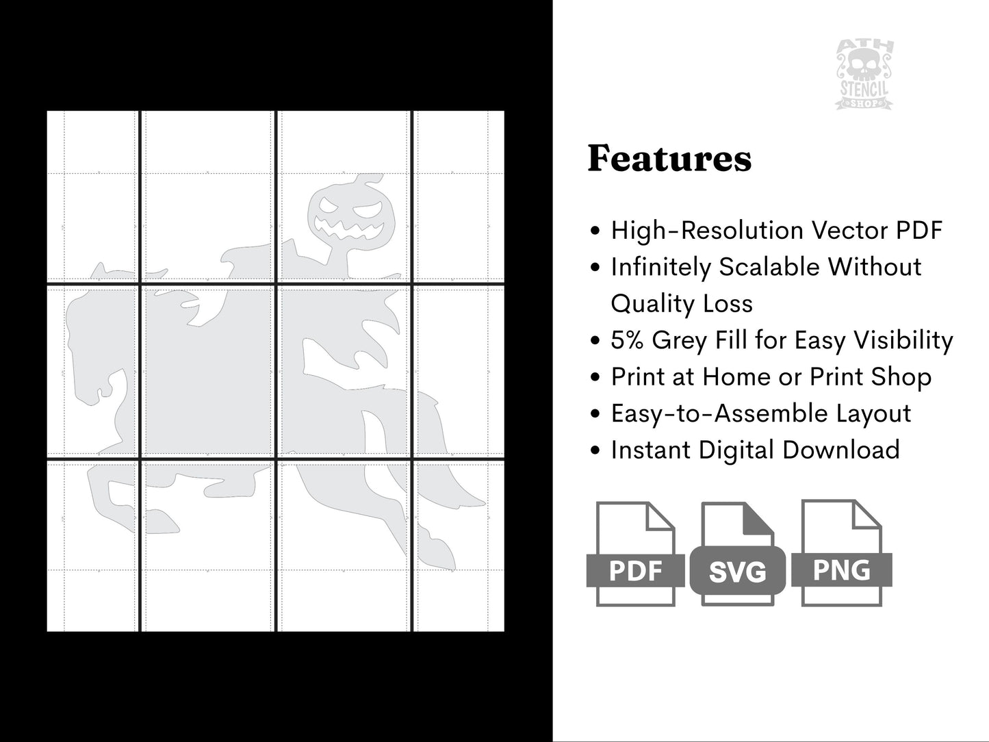 Printable Headless Horseman stencil template featuring high-resolution PDF, SVG, PNG formats, and easy assembly layout.