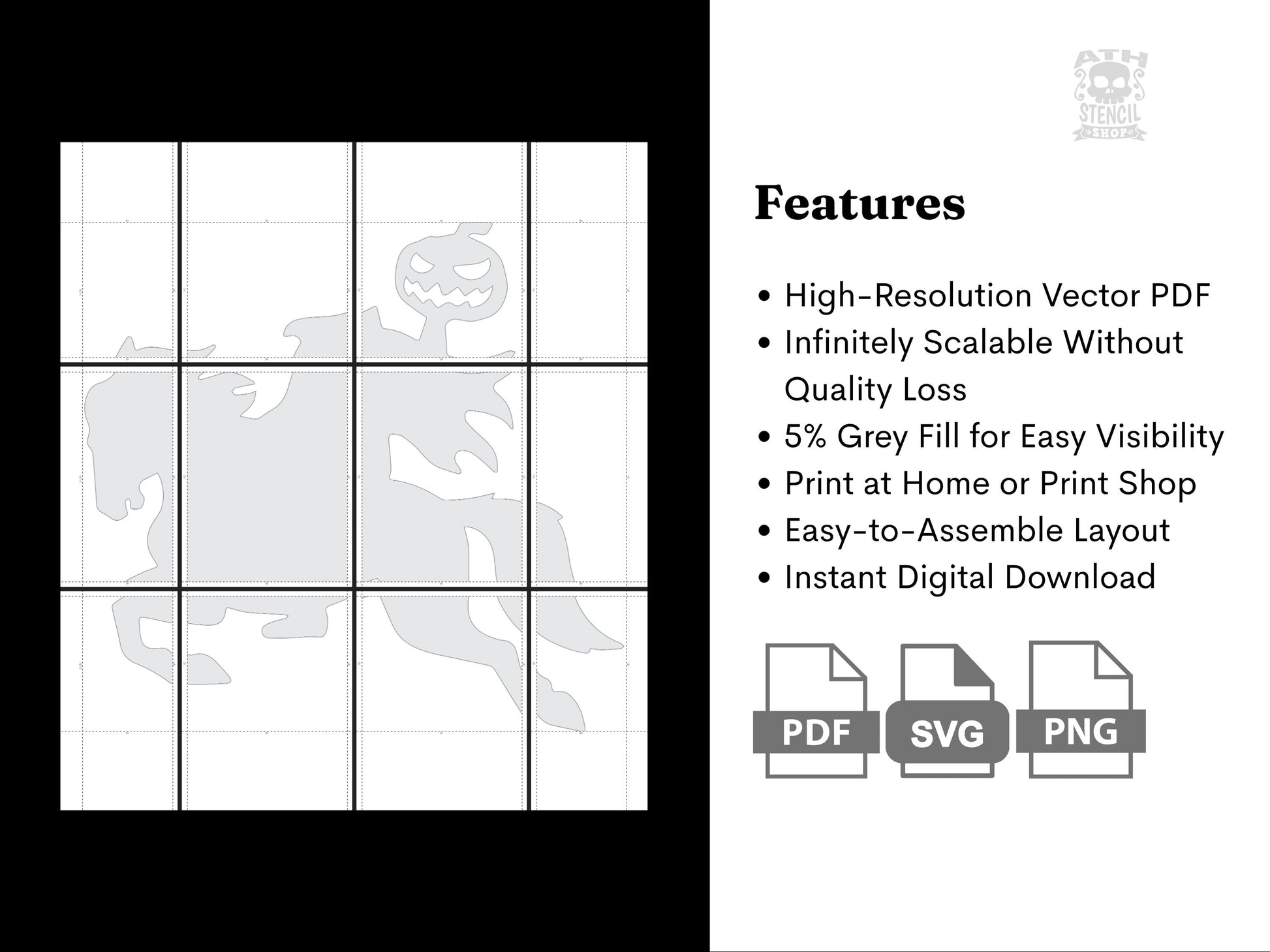 Printable Headless Horseman stencil template featuring high-resolution PDF, SVG, PNG formats, and easy assembly layout.