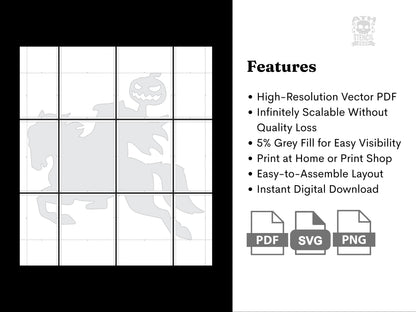 Printable Headless Horseman stencil template featuring high-resolution PDF, SVG, PNG formats, and easy assembly layout.