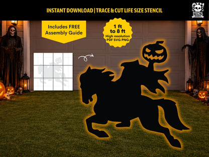 Large Headless Horseman yard decoration silhouette made using a printable life-size Halloween stencil for outdoor haunted displays.