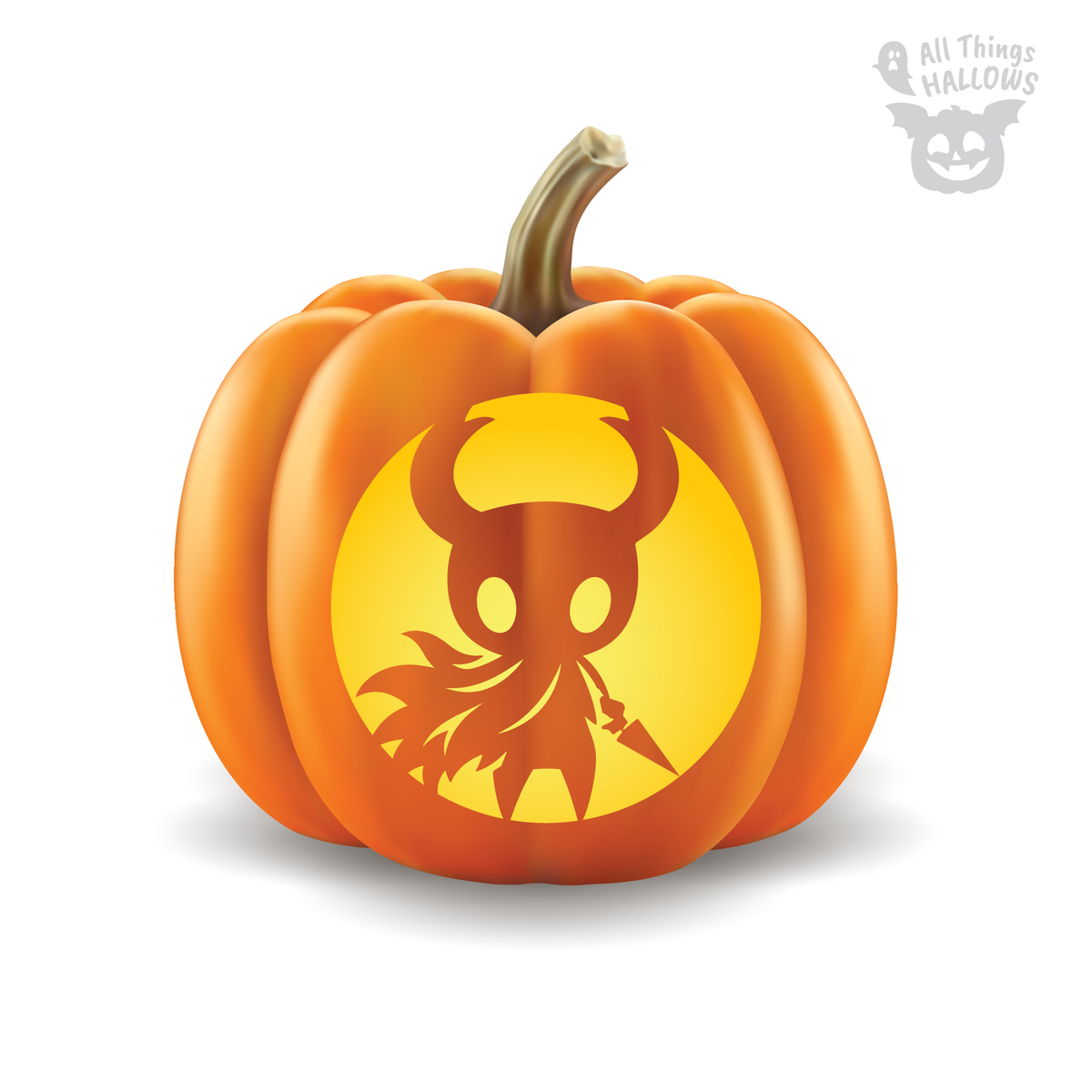Hollow Knight Pumpkin Stencil carving preview featuring the horned Knight with flowing cloak and nail inside a glowing circular design on an orange pumpkin.