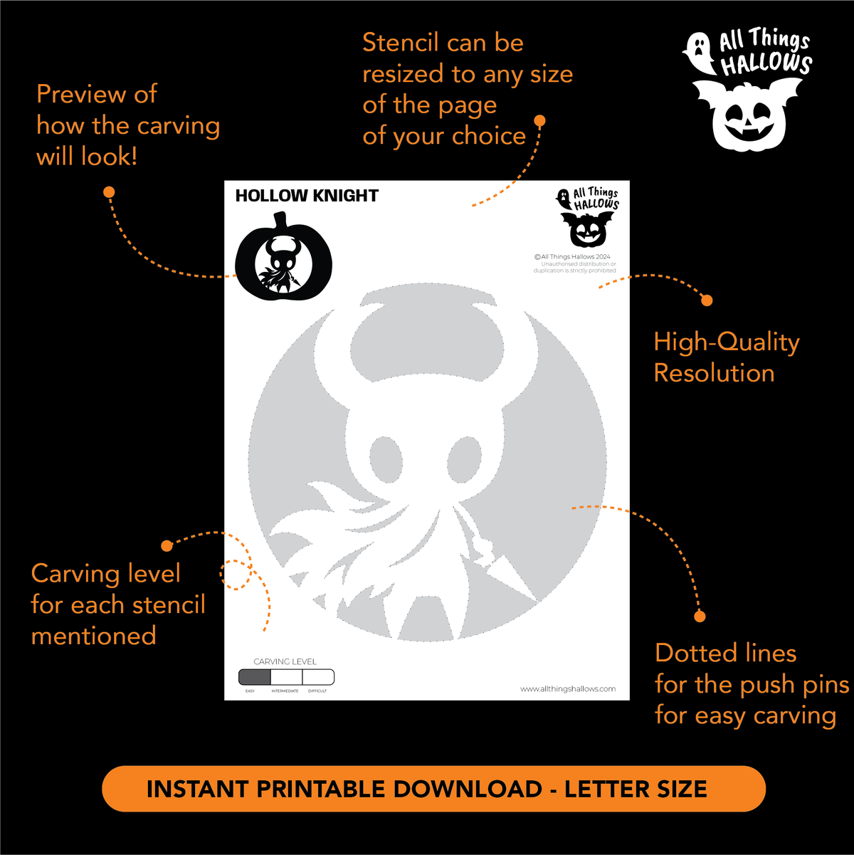 Printable Hollow Knight Pumpkin Stencil template showing the horned Knight design with carving level, resizing details and push-pin transfer instructions.