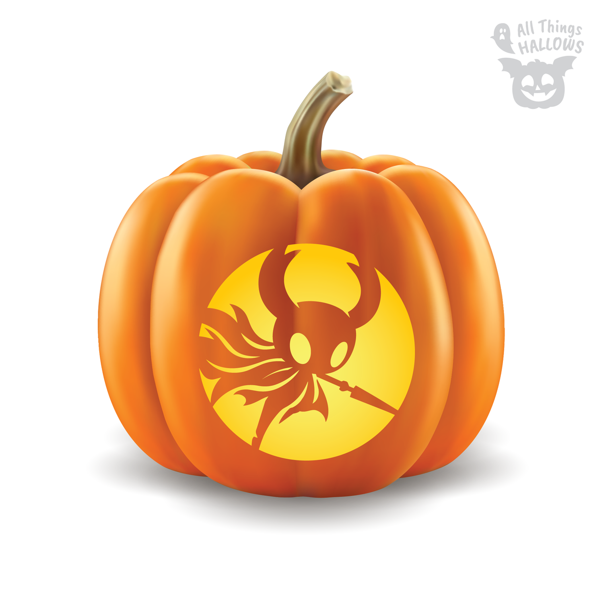 Hollow Knight pumpkin carving pattern featuring the Knight with horned mask, flowing cloak and nail inside a circular background.