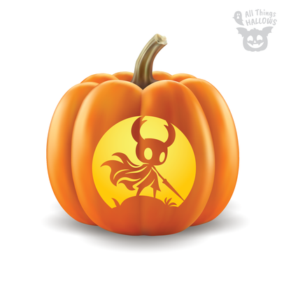 Hollow Knight Pumpkin Stencil variation featuring the horned Knight in an action pose with flowing cloak and extended nail.