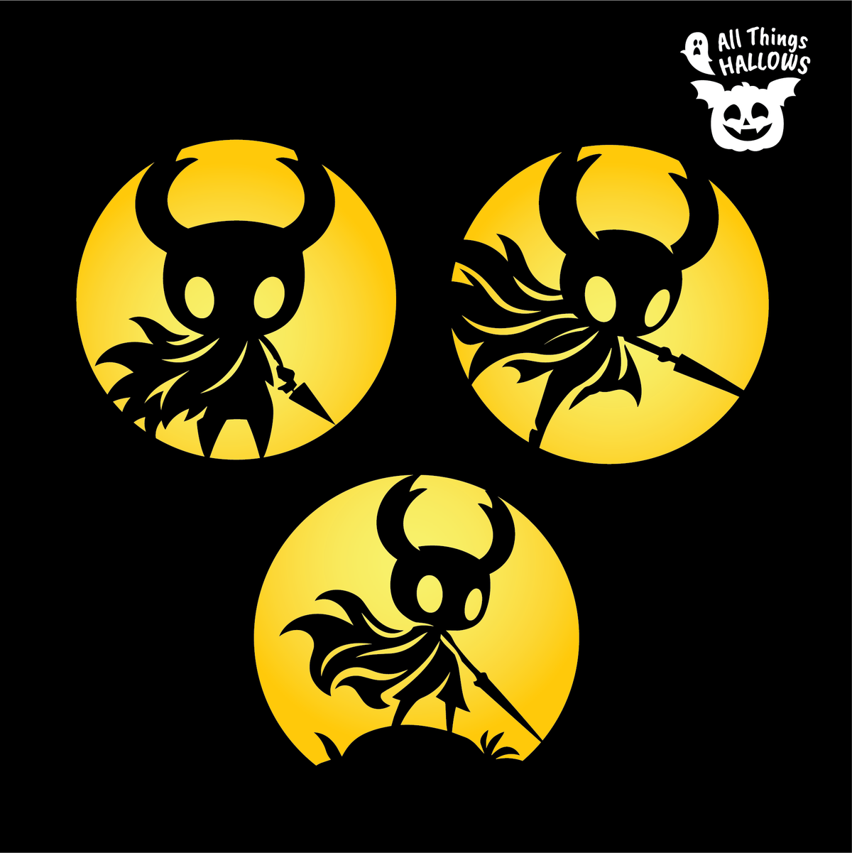 Three Hollow Knight Pumpkin Stencil variations featuring different poses of the horned Knight with cloak and nail on a black background.