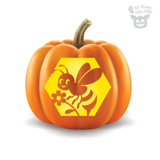 Honeybee Pumpkin Stencil carving preview featuring a cute bee with a flower inside a glowing honeycomb shape on an orange pumpkin.