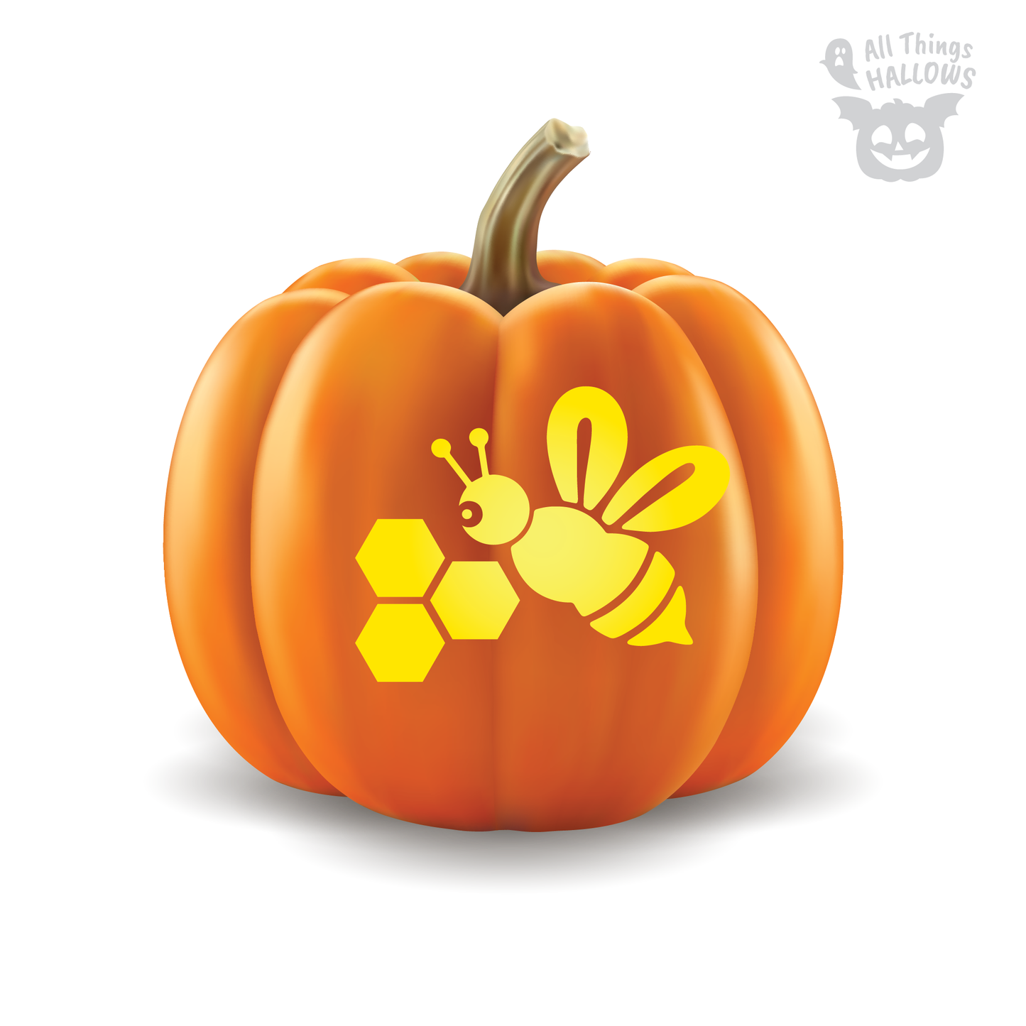 Honeybee Pumpkin Stencil variation featuring a flying bee beside three glowing honeycomb cells carved into an orange pumpkin.