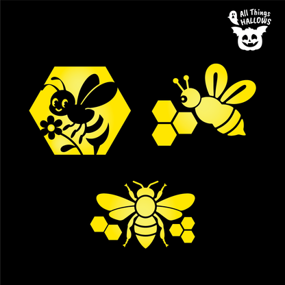 Three Honeybee Pumpkin Stencil variations featuring a cute bee with flower, flying bee with honeycomb and detailed honeybee designs.
