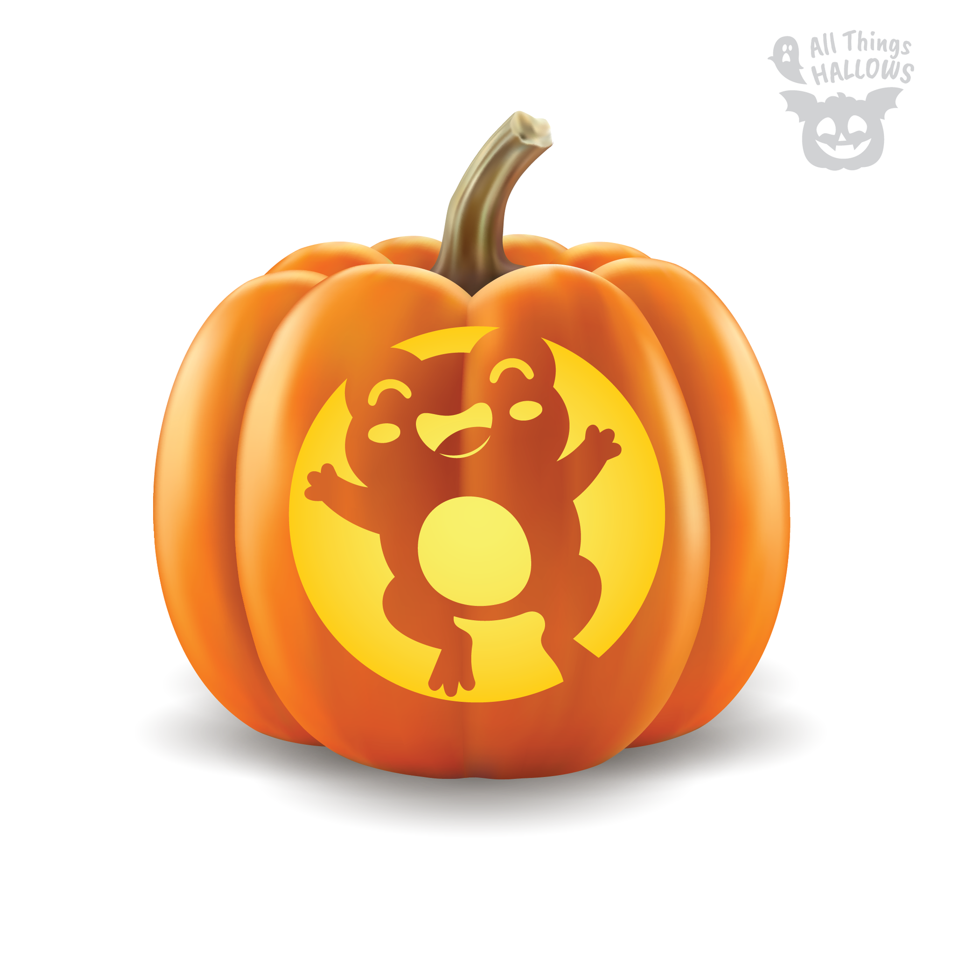 Jumping Frog Pumpkin Stencil carved pumpkin preview featuring a cheerful frog jumping with arms stretched wide.
