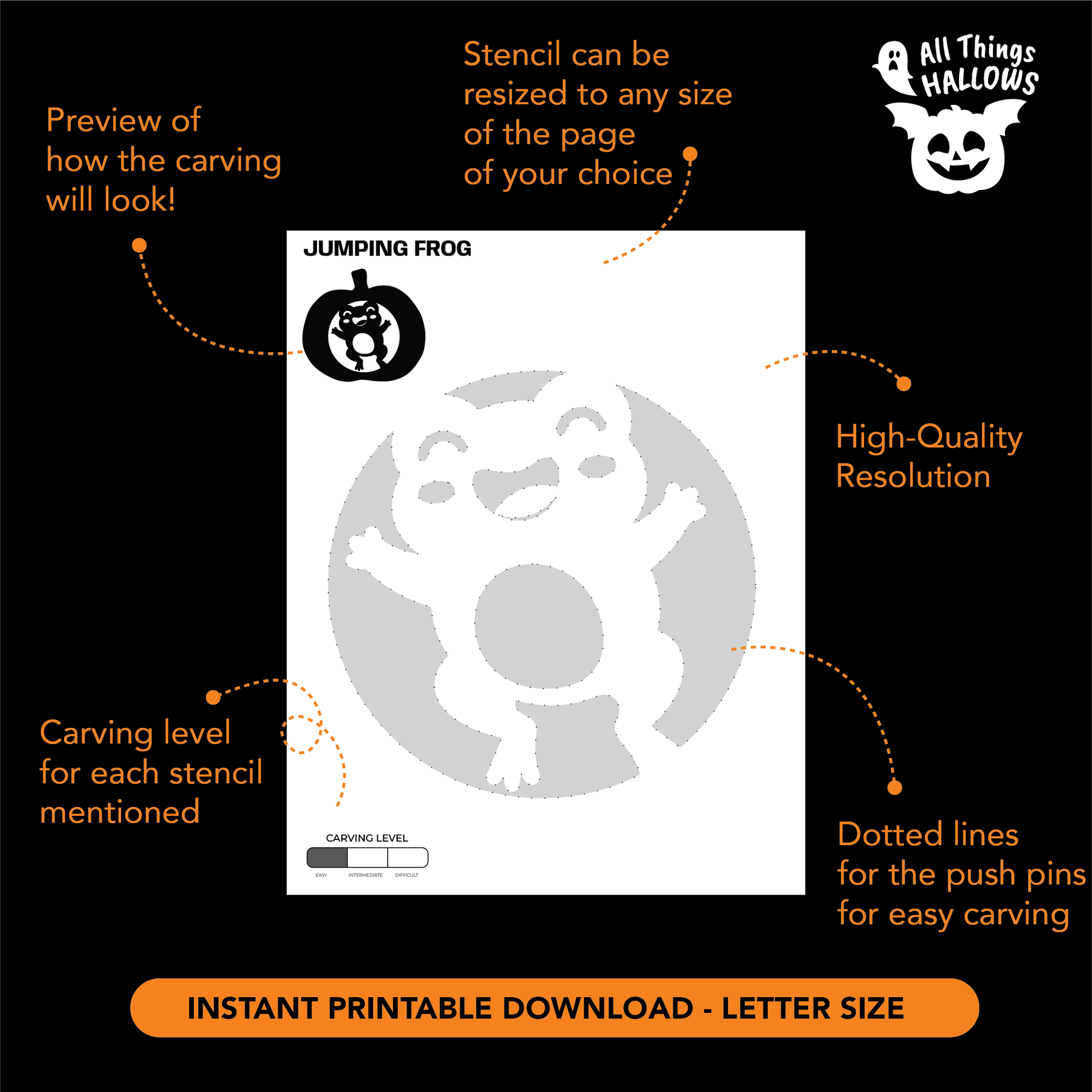 Printable Jumping Frog Pumpkin Stencil template showing the frog carving pattern, transfer guidelines and carving difficulty level.
