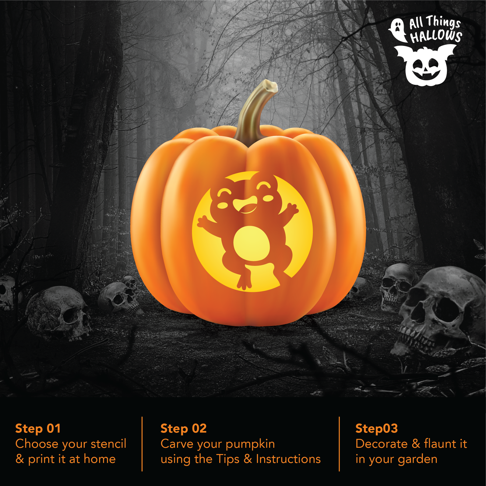 Finished Jumping Frog Pumpkin Stencil glowing on an orange pumpkin displayed in a spooky Halloween forest.
