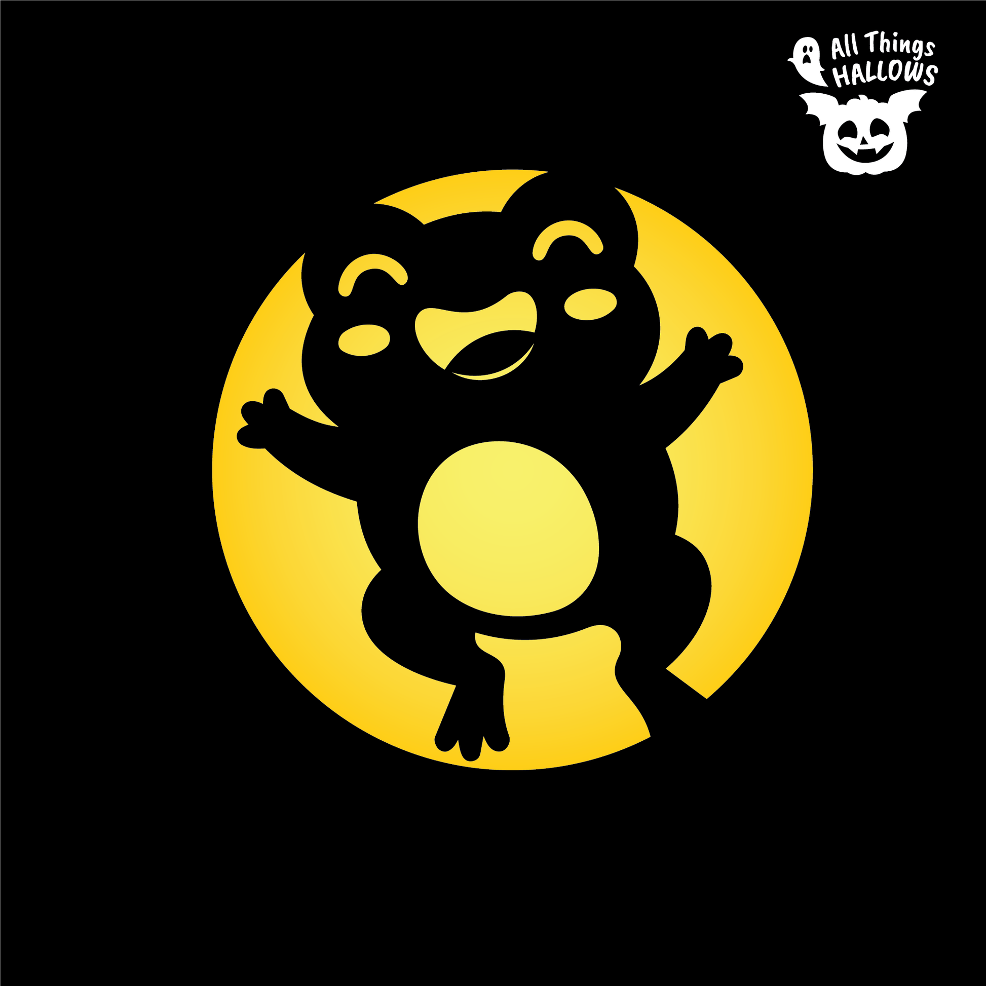 Jumping Frog Pumpkin Stencil design featuring a happy frog with raised arms and one leg lifted against a glowing circular background.