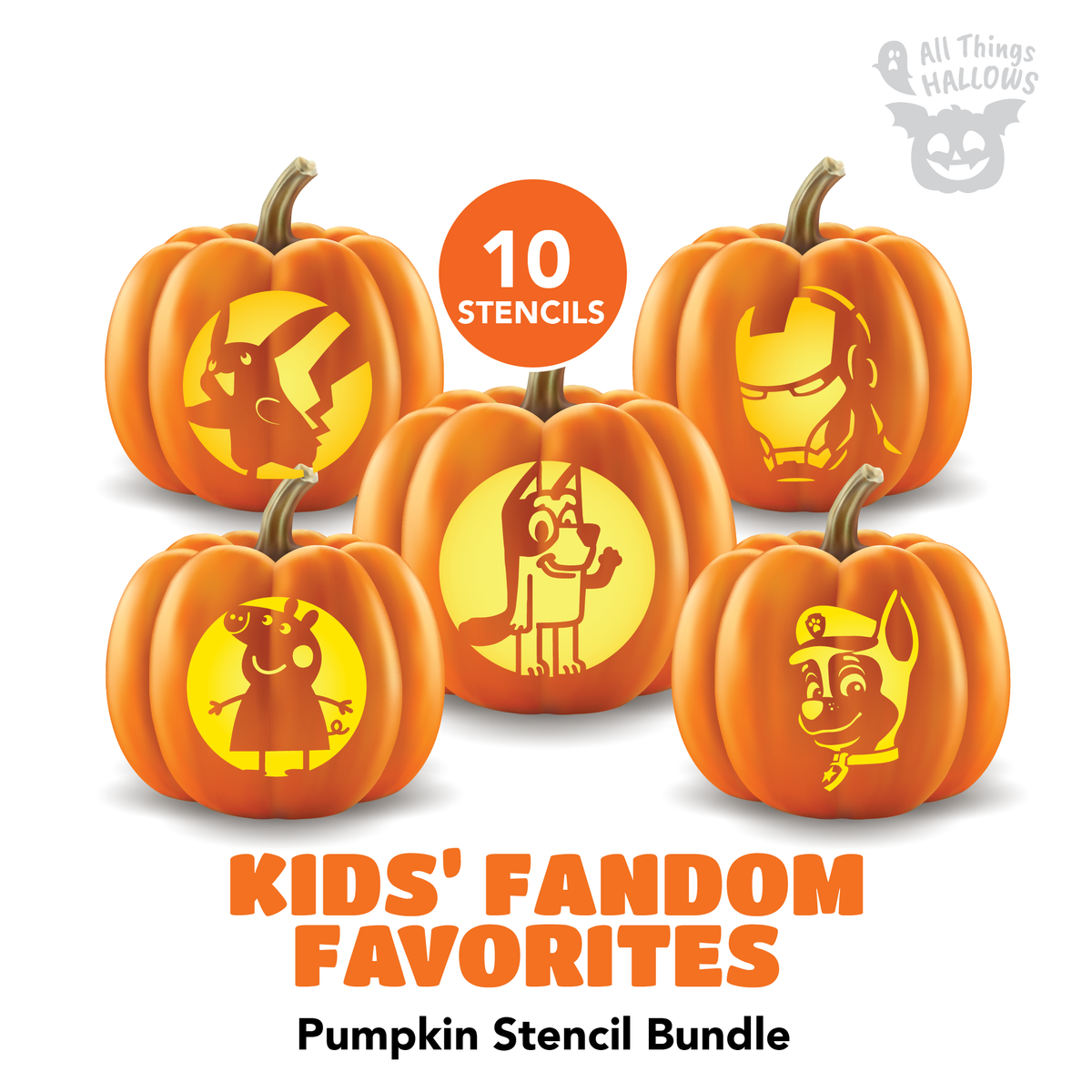 Kids' Favorite Characters Pumpkin Stencil Bundle featuring 10 printable designs with character carvings displayed on glowing orange Halloween pumpkins.