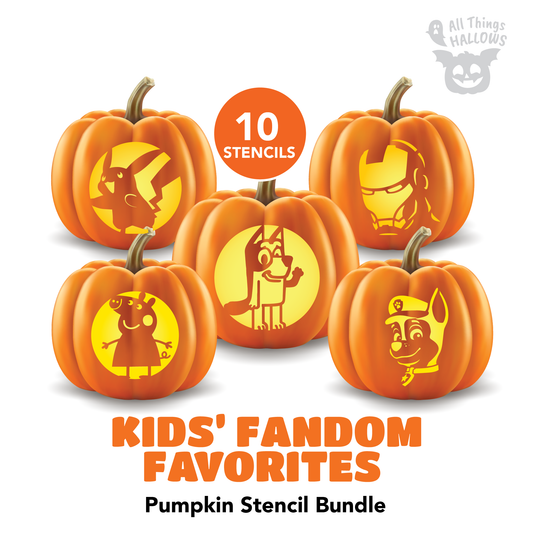 Kids' Favorite Characters Pumpkin Stencil Bundle featuring 10 printable designs with character carvings displayed on glowing orange Halloween pumpkins.