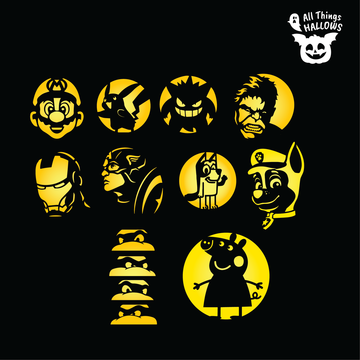 Set of 10 Kids' Favorite Character Pumpkin Stencil designs featuring superhero, cartoon, gaming and animated character inspired carving patterns.