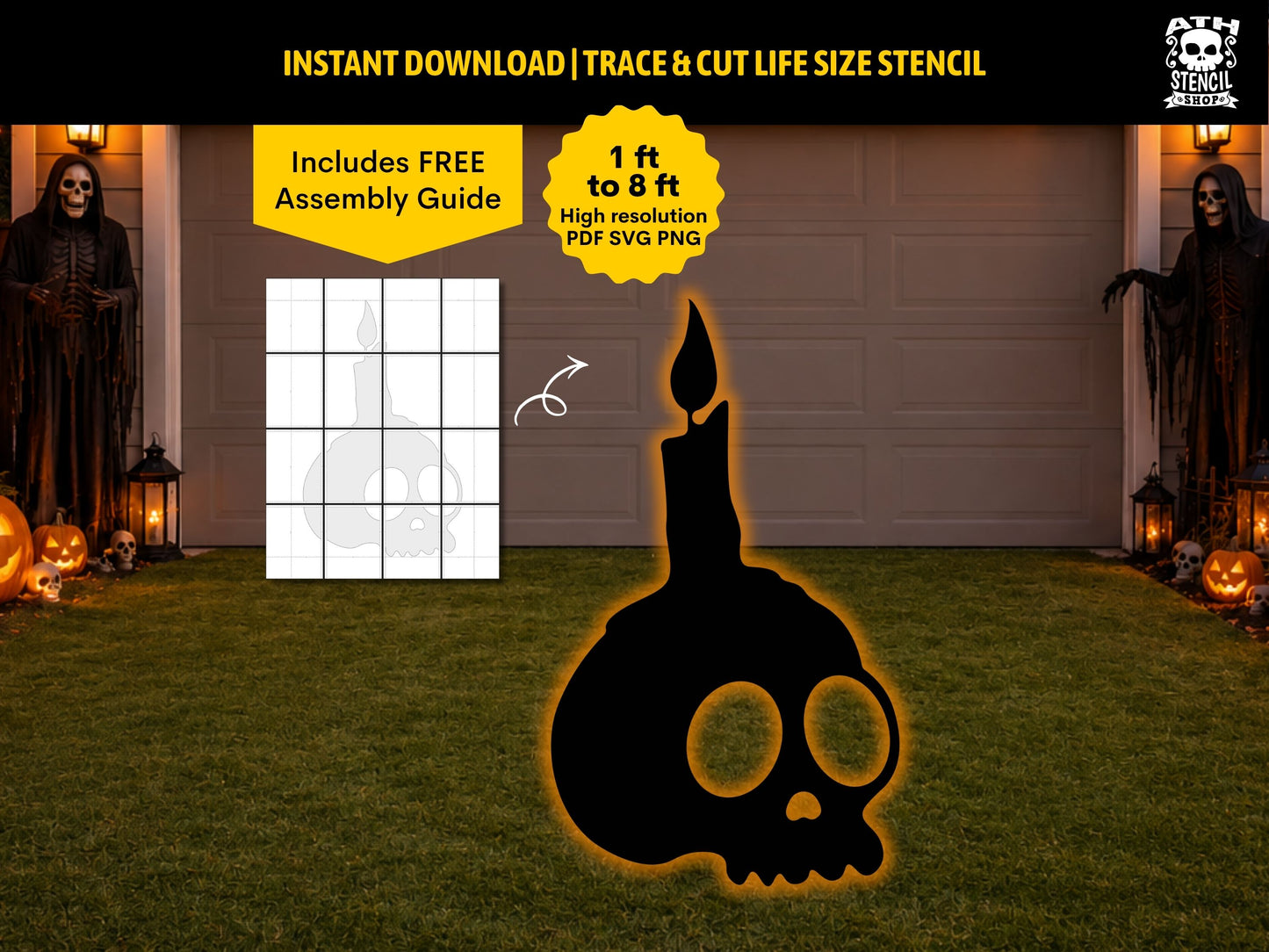 Large Skull Candle Halloween yard decoration created using a printable life-size stencil for DIY outdoor Halloween displays.