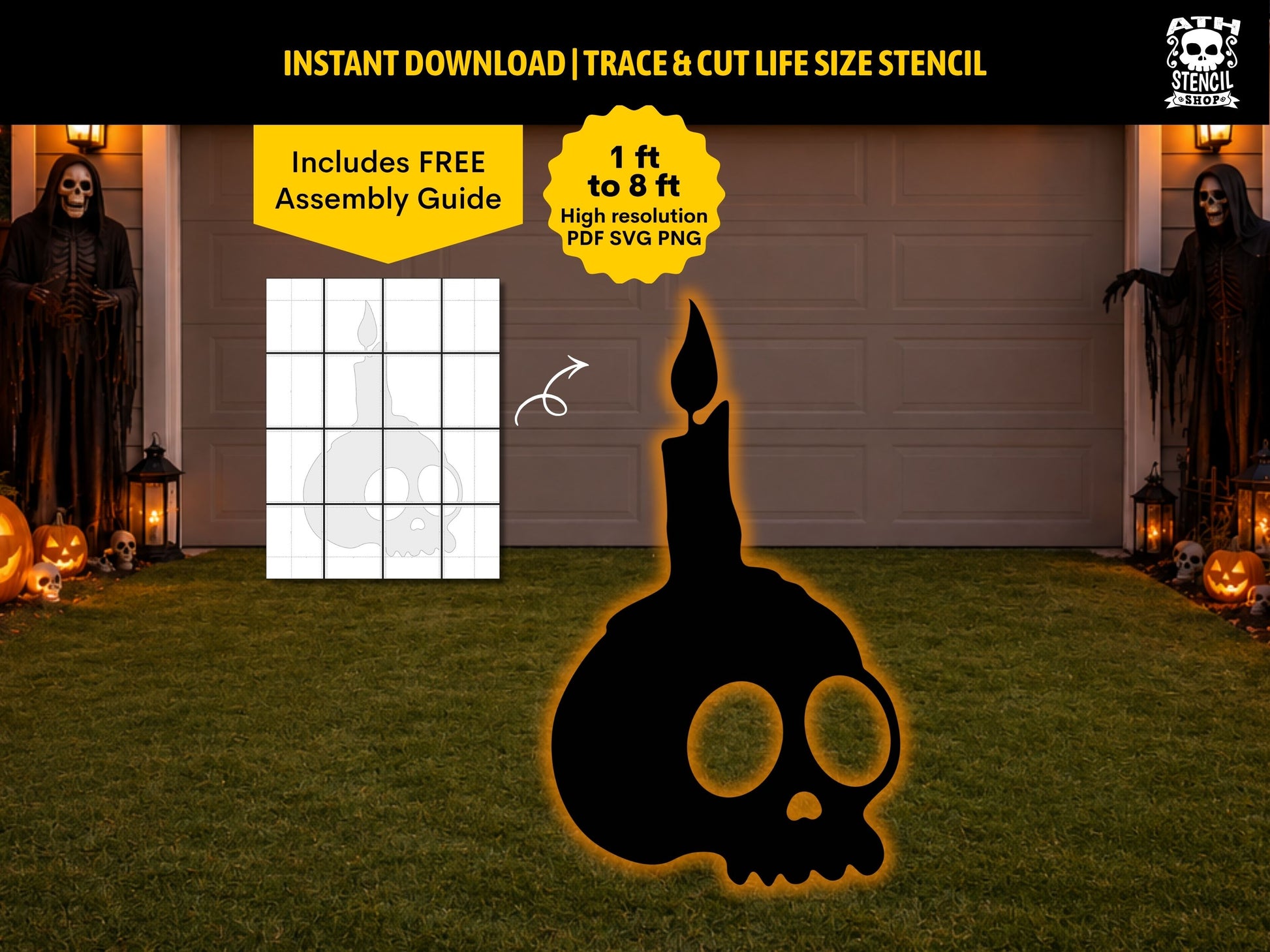 Large Skull Candle Halloween yard decoration created using a printable life-size stencil for DIY outdoor Halloween displays.